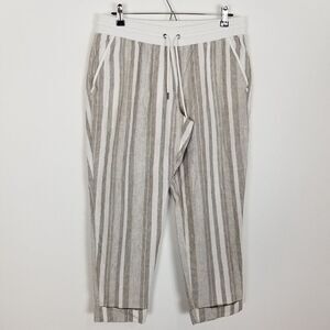 Athleta Women Bali 100% Linen Cuffed Ankle Pants Sz 12 Striped Beige Drawstring